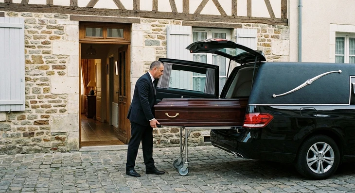 Scène extérieure de cimetière en automne avec monuments funéraires en pierre et vase de fleurs jaunes au premier plan