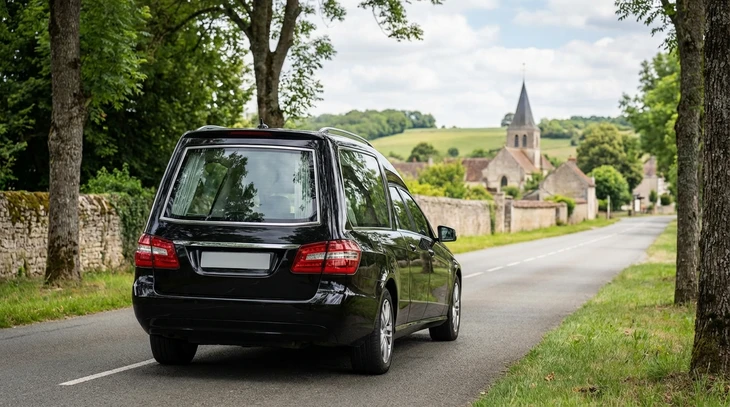 Intérieur d'un corbillard avec cercueil en bois verni orné d'une composition florale funéraire