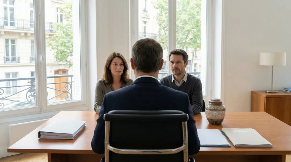 Photographie d'une scène de consultation bienveillante dans un environnement professionnel et respectueux : un responsable de pompes funèbres, en tenue sombre appropriée, assis face à une famille en deuil dans un bureau accueillant et lumineux. L'atmosphère doit être sereine et empathique, montrant l'écoute attentive du professionnel envers les proches du défunt. Les documents visibles sur le bureau (documents funéraires, devis de services) doivent être discrets mais identifiables. La scène doit transmettre la confiance, la continuité relationnelle et l'accompagnement personnalisé dans un moment difficile.
