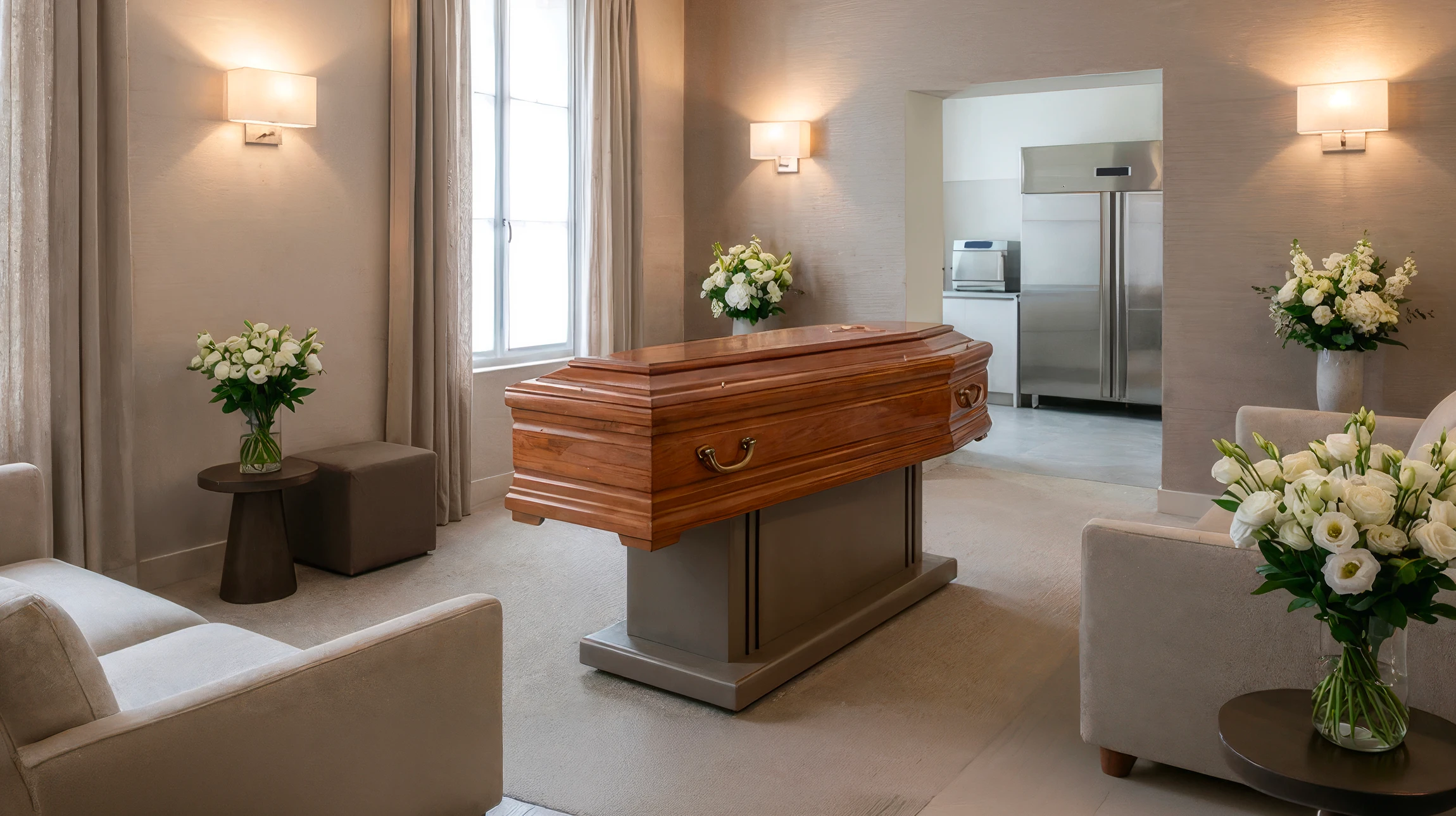 Intérieur de funérarium avec cercueils blancs et bois clair disposés pour cérémonie